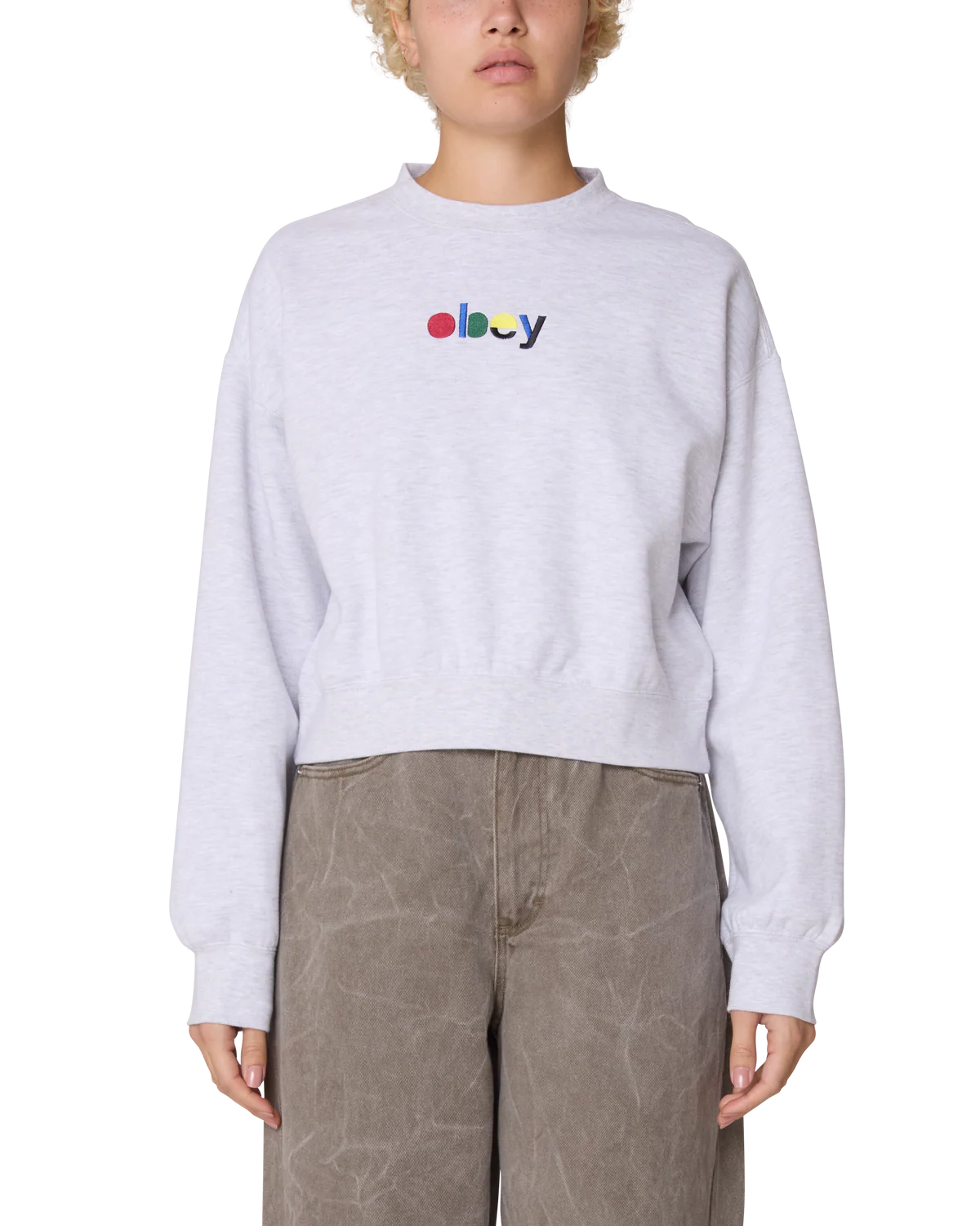 Womens OBEY Blocks Cropped Crew Sweatshirt in ASH GREY