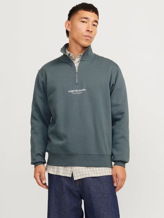 JACK & JONES Originals Studio Quarter Zip in STORMY BLUE