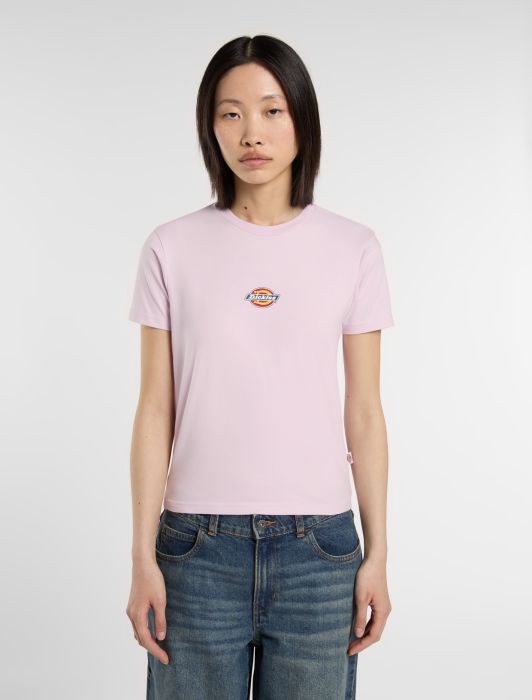 Person wearing a pink t-shirt with dickies logo on a white background