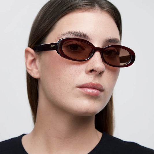 Person wearing a pair of meller sunglasses with a neutral background
