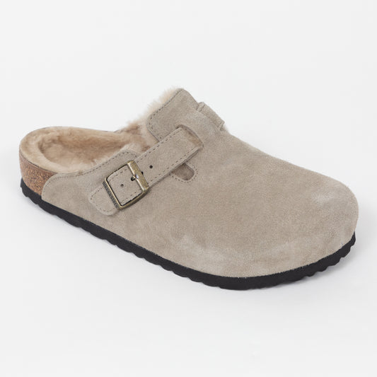 Womens BIRKENSTOCK Boston Shearling Suede Clogs in TAUPE