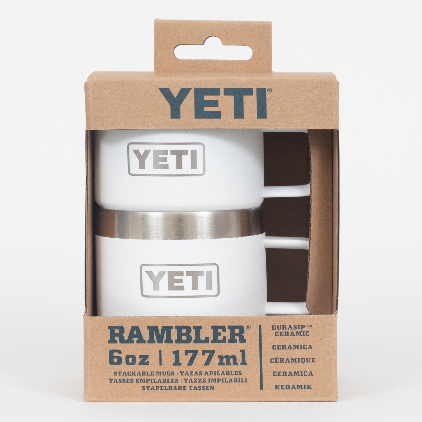 YETI rambler mug packaging with a white mug inside on a white background