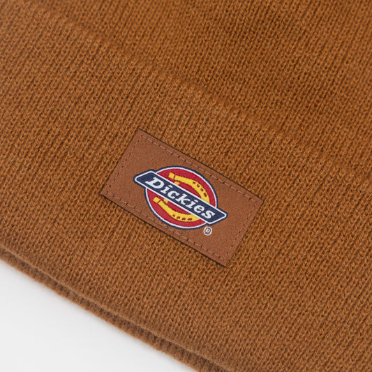 Brown beanie with Dickies logo on a white background