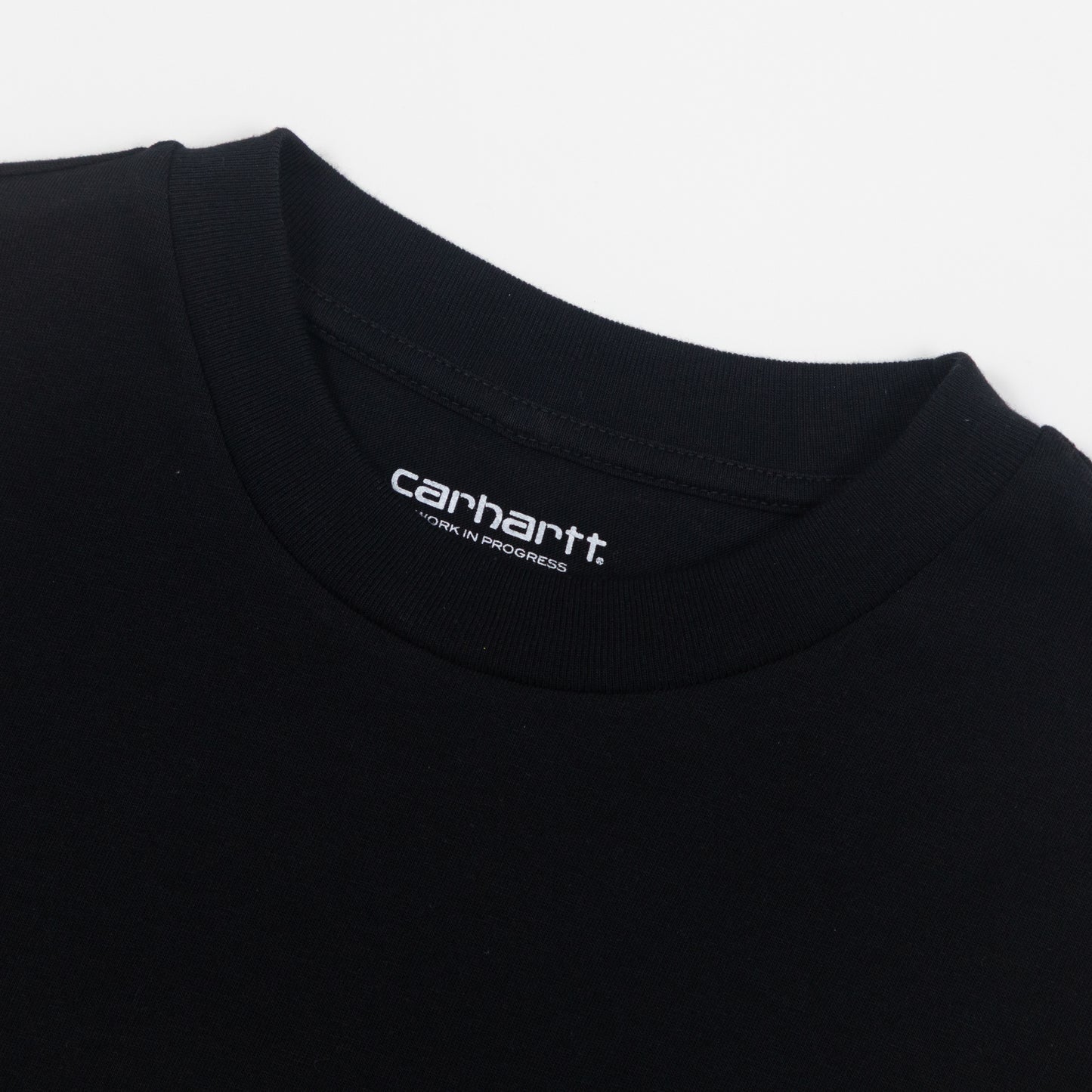 Close-up of crew neck on black Carhartt t-shirt
