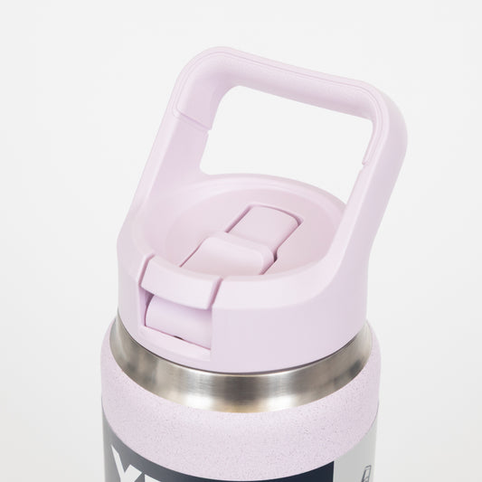 Pink insulated Yeti bottle with a handle and straw lid