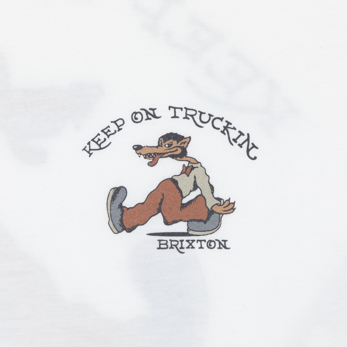 close up on front graphic print on brixton white t-shirt