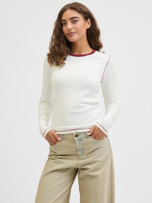 Womens JJXX Contrast Long Sleeve T-Shirt in OFF WHITE