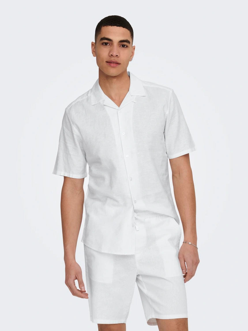 ONLY & SONS Resort Linen Short Sleeve Shirt in WHITE