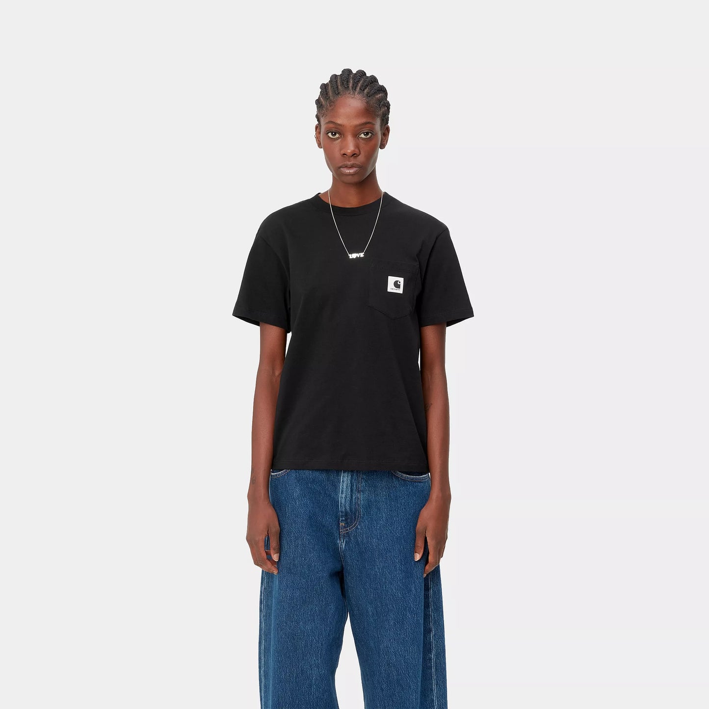person wearing womens cahartt tshirt in black