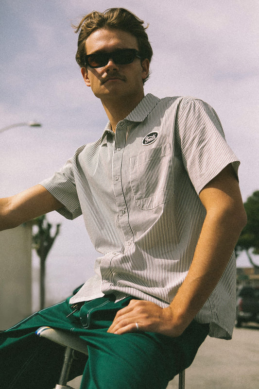 brixton short sleeve stripe shirt closed snaps on model