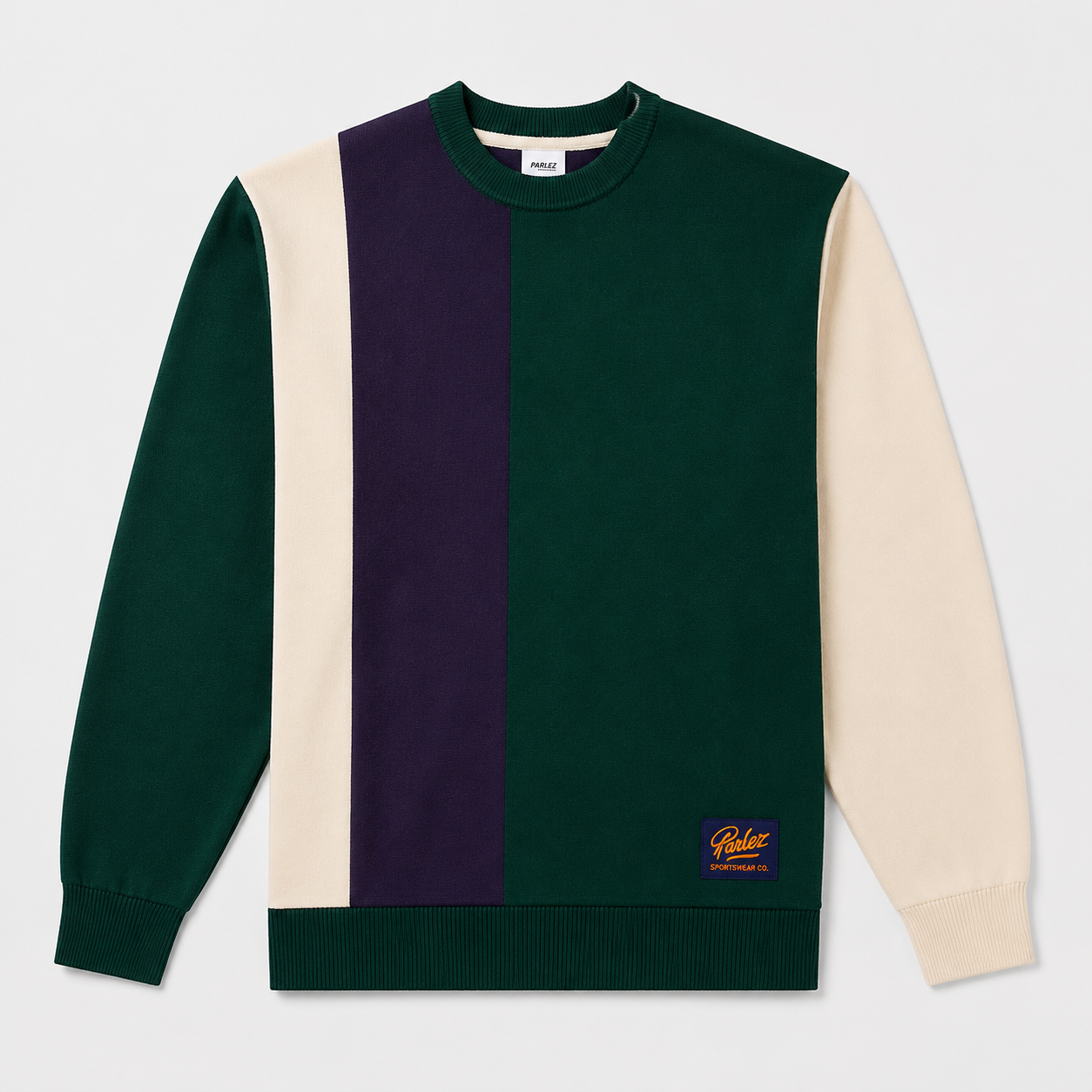 PARLEZ Area Crew Knit Sweatshirt in Deep Green & Navy