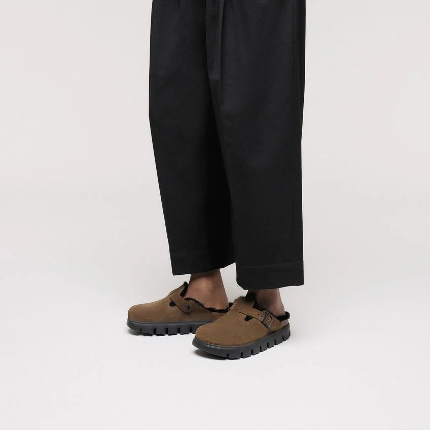 Womens BIRKENSTOCK Boston Chunky Shearling Clogs in DARK TEA