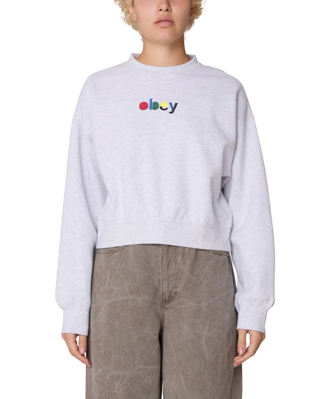 Womens OBEY Blocks Cropped Crew Sweatshirt  in ASH GREY