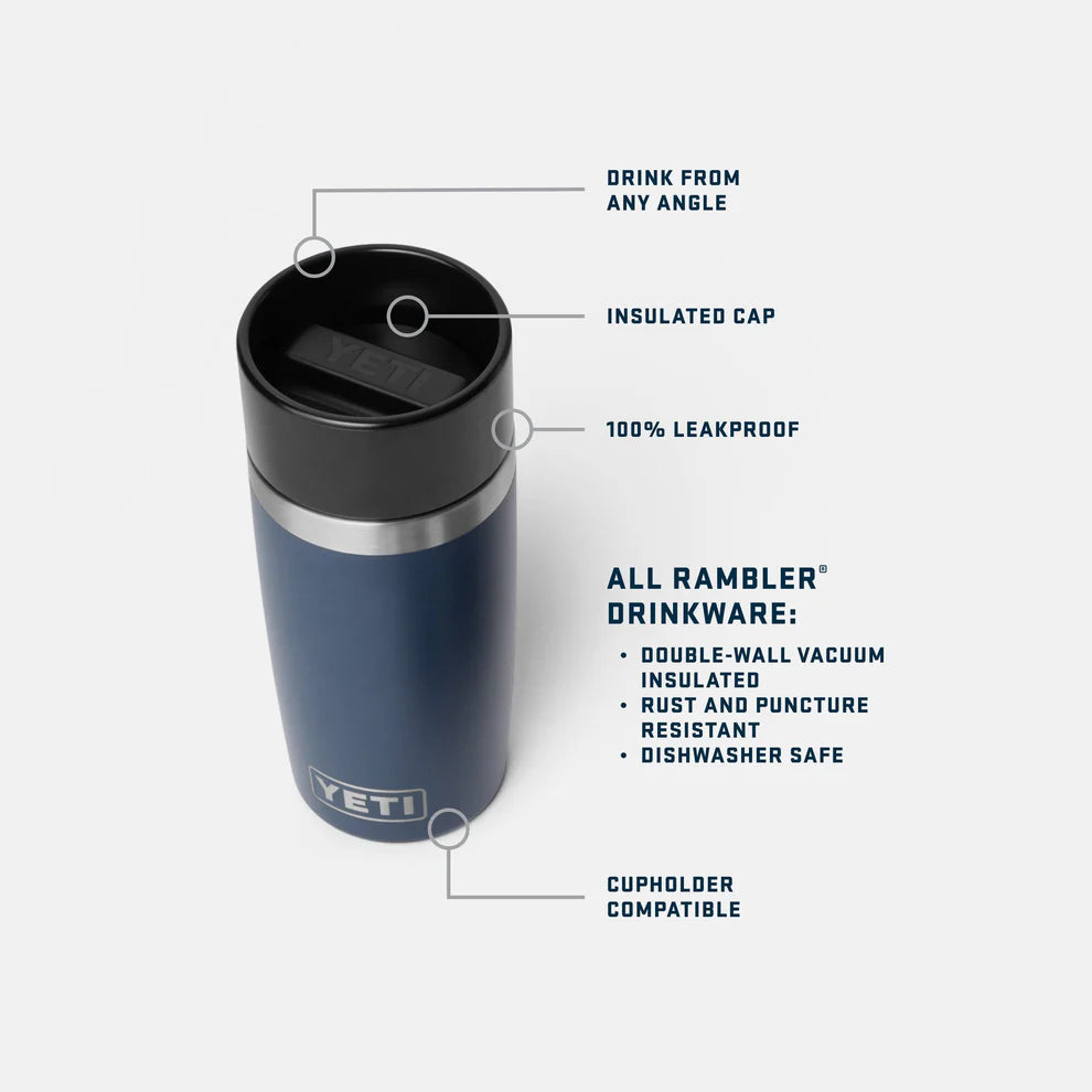 Blue YETI tumbler with features listed on a white background
