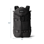 Black backpack with YETI logo and dimensions on a white background