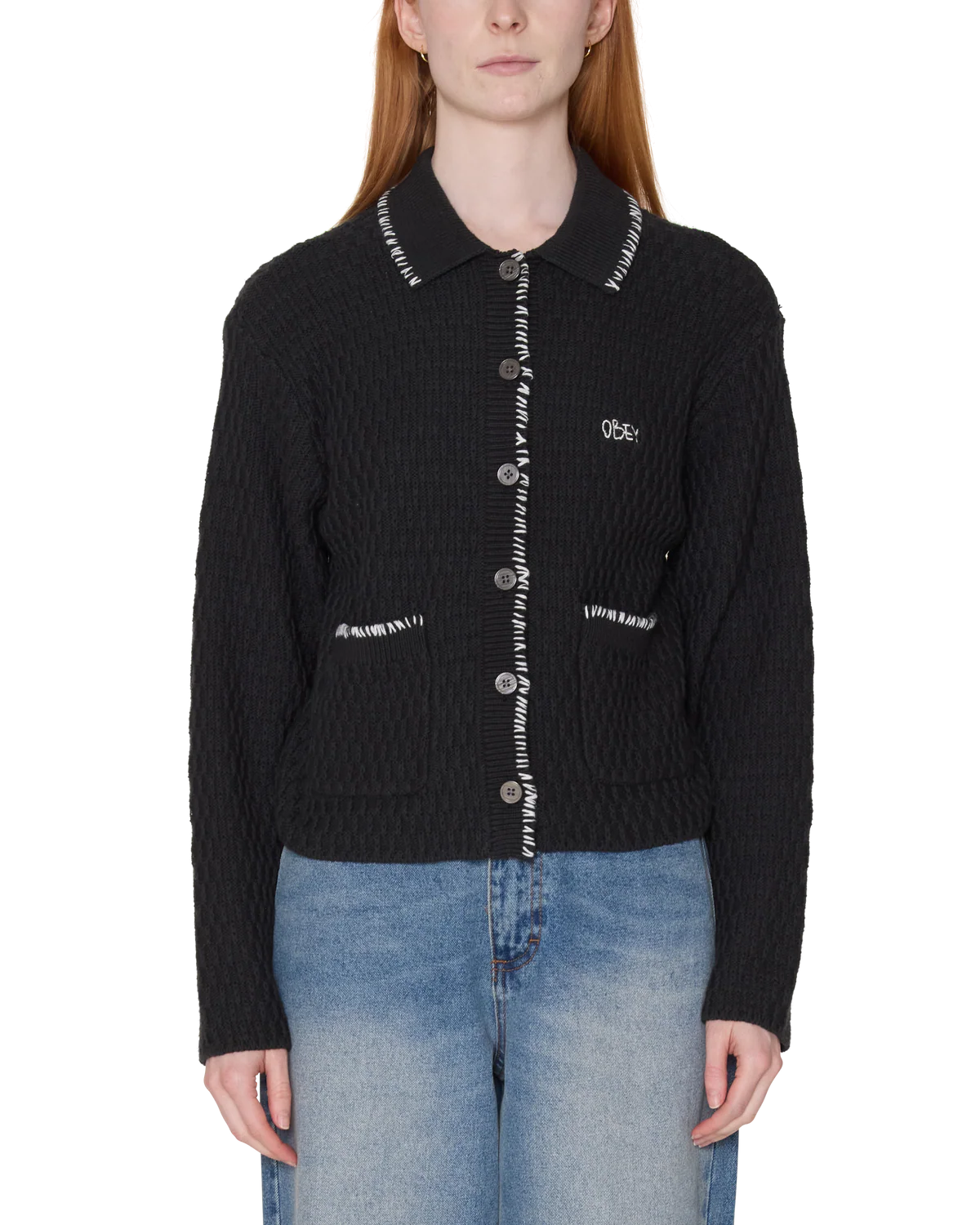 Womens OBEY Amelie Button Down Sweater in OFF BLACK