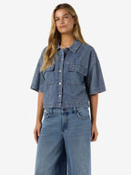 Womens NOISY MAY Enza Cropped Short Sleeve Shirt in BLUE DENIM