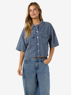 Womens NOISY MAY Enza Cropped Short Sleeve Shirt in BLUE DENIM