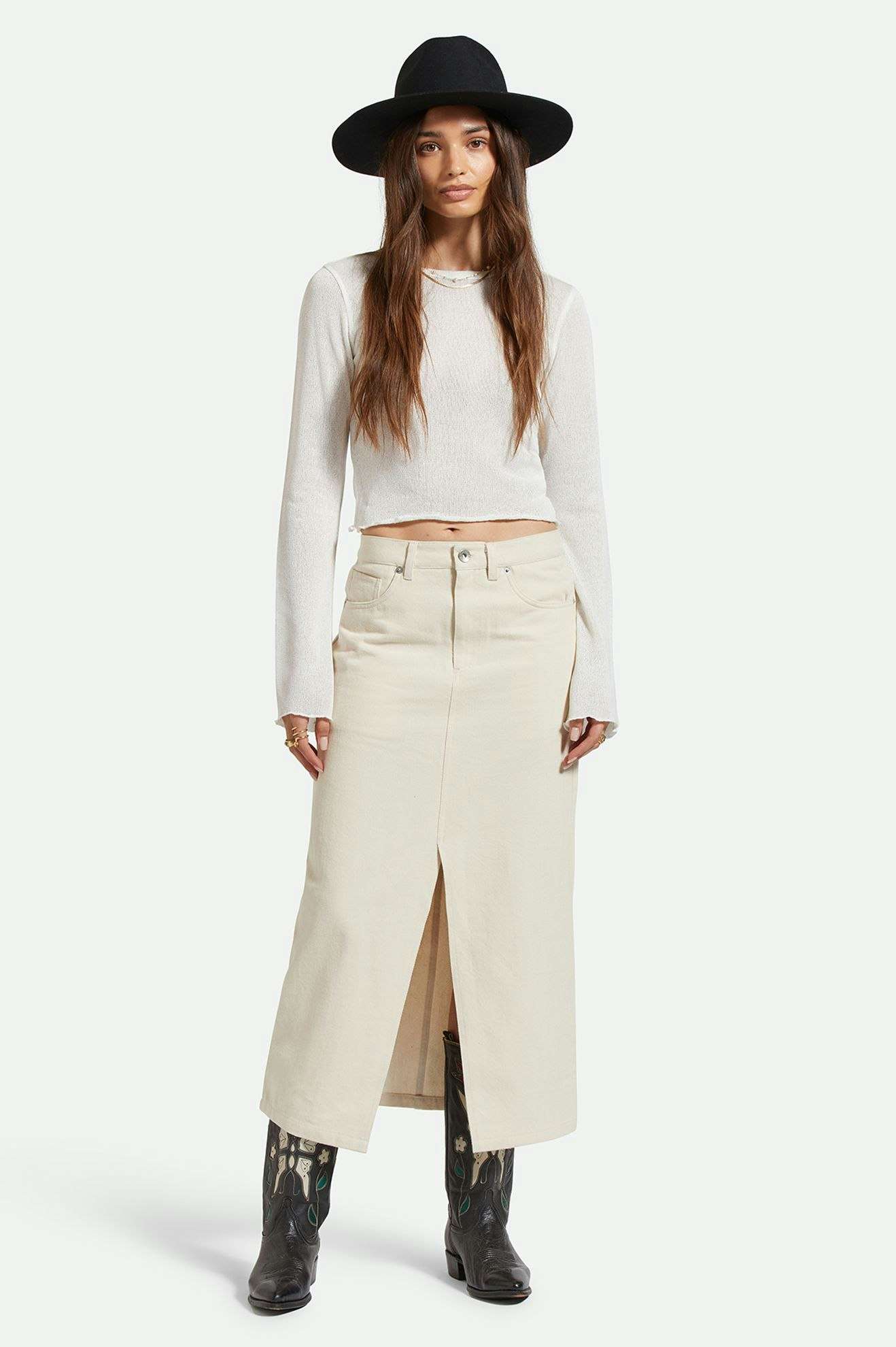 Womens BRIXTON Ryder Maxi Split Denim Skirt in CREAM