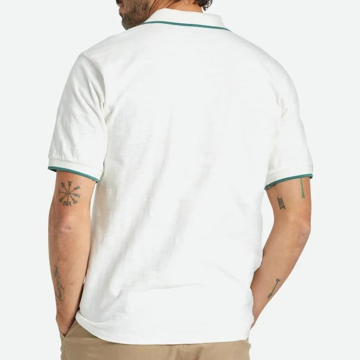 BRIXTON Proper Slub Short Sleeved Polo in OFF WHITE & GREEN