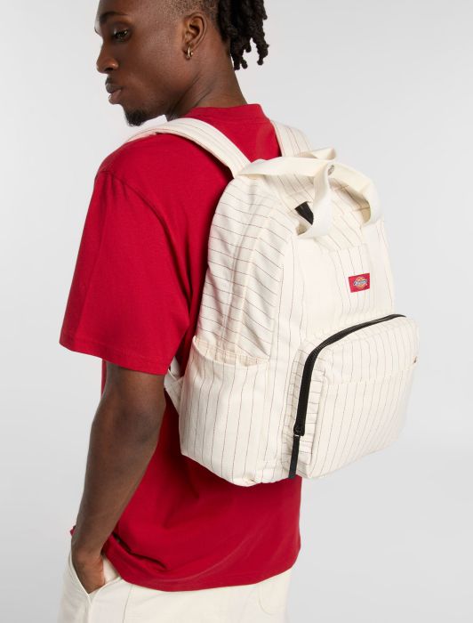 DICKIES Hickory Stripe Lisbon Backpack in WHITE & RED