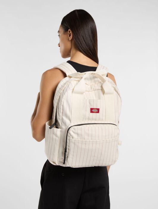 DICKIES Hickory Stripe Lisbon Backpack in WHITE & RED