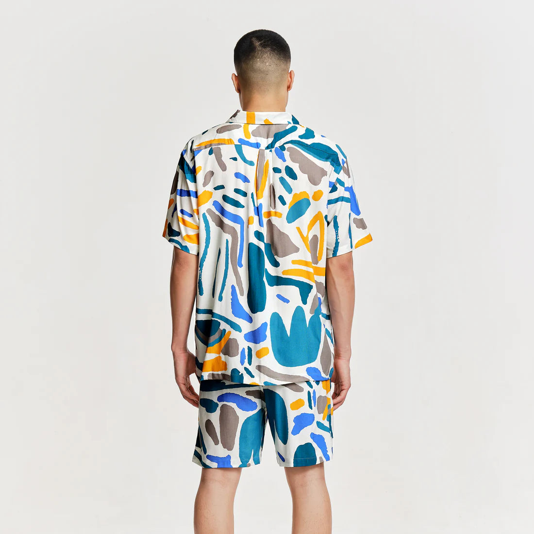 back view parlez short sleeve shirt blue yellow