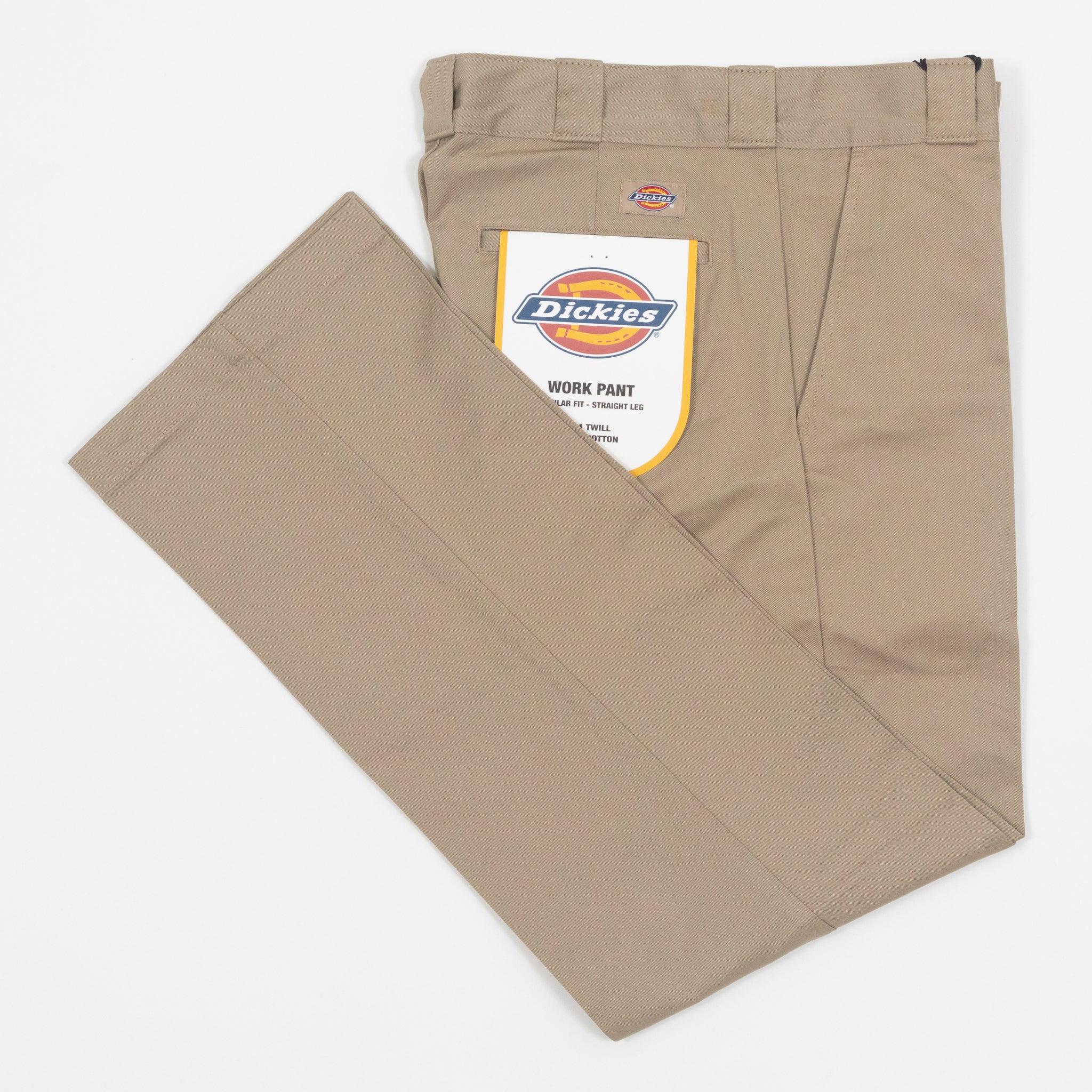 Beige work trousers with Dickies logo on a white background