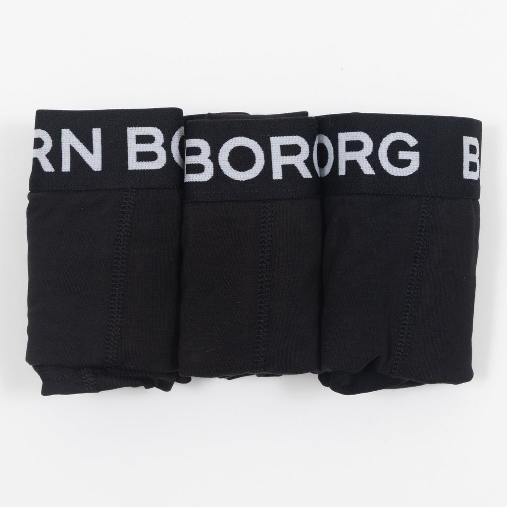 Three black trunk boxer shorts with BJORN BORG branding on the waistband, displayed against a white background.
