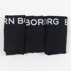 Three black trunk boxer shorts with BJORN BORG branding on the waistband, displayed against a white background.