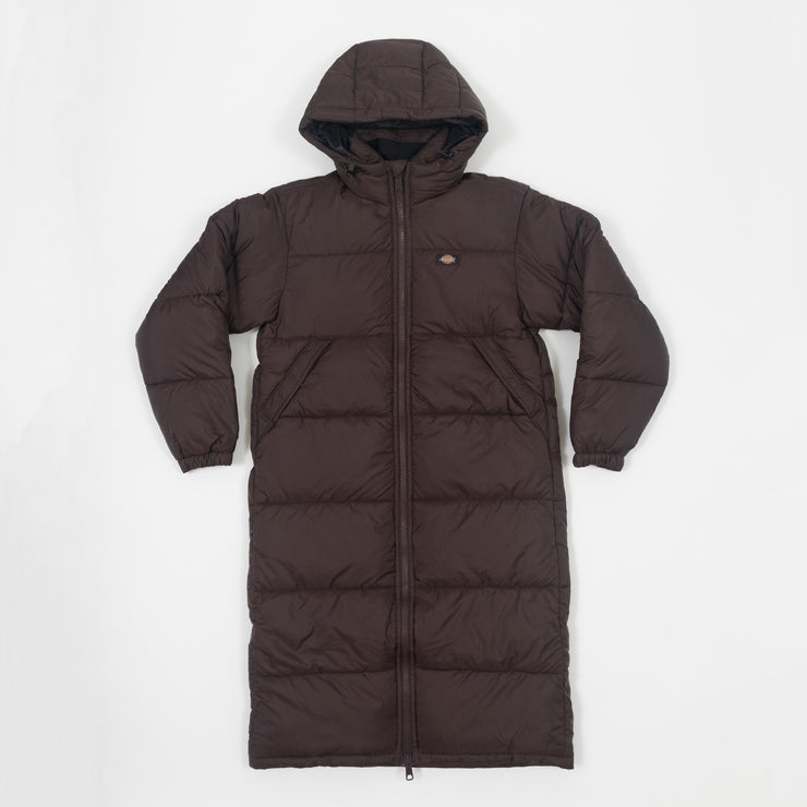 Womens DICKIES Alatna Long Line Puffer Jacket in BROWN