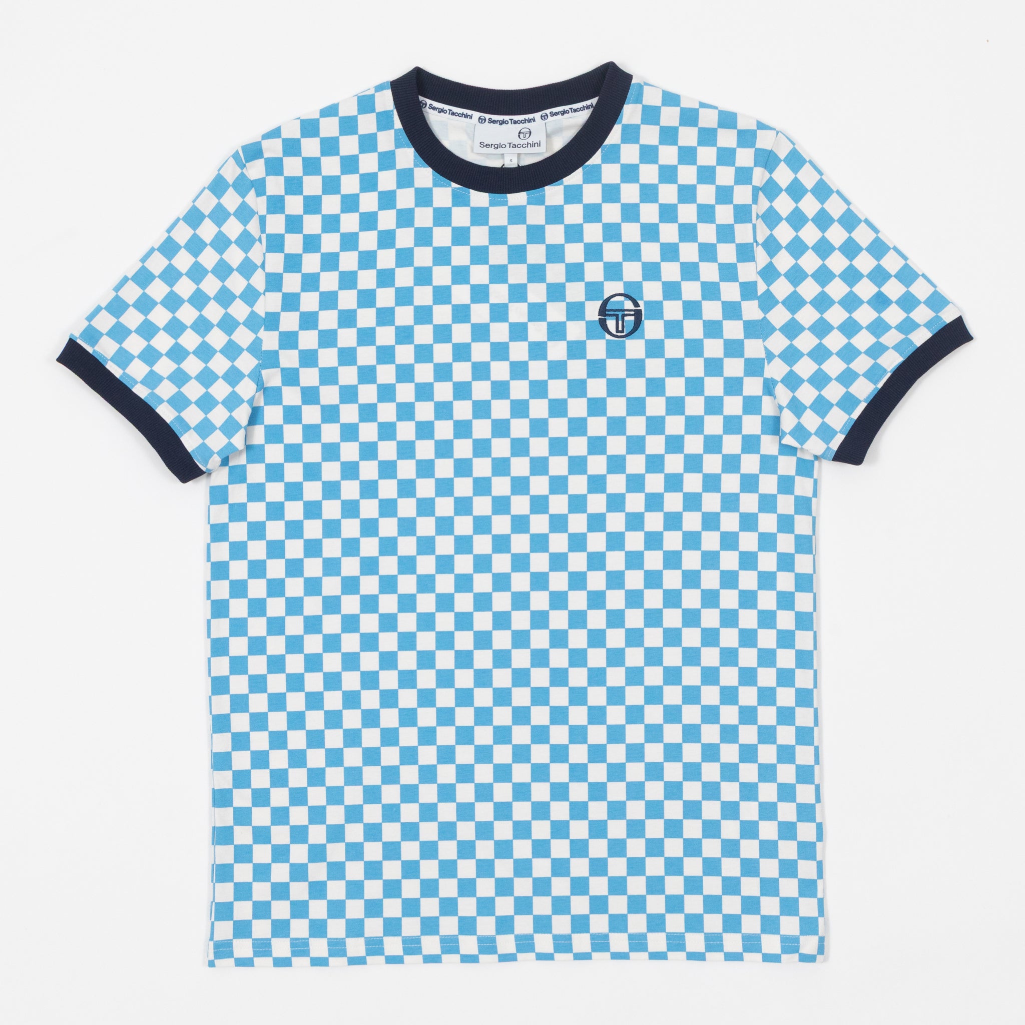 sergio tacchini check t-shirt blue white front view