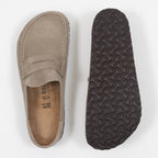 BIRKENSTOCK Naples Suede Leather Buckley Clog in Taupe