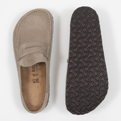 BIRKENSTOCK Naples Suede Leather Buckley Clog in Taupe