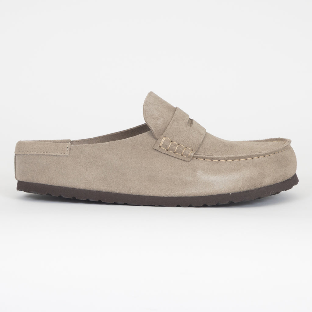 BIRKENSTOCK Naples Suede Leather Buckley Clog in Taupe