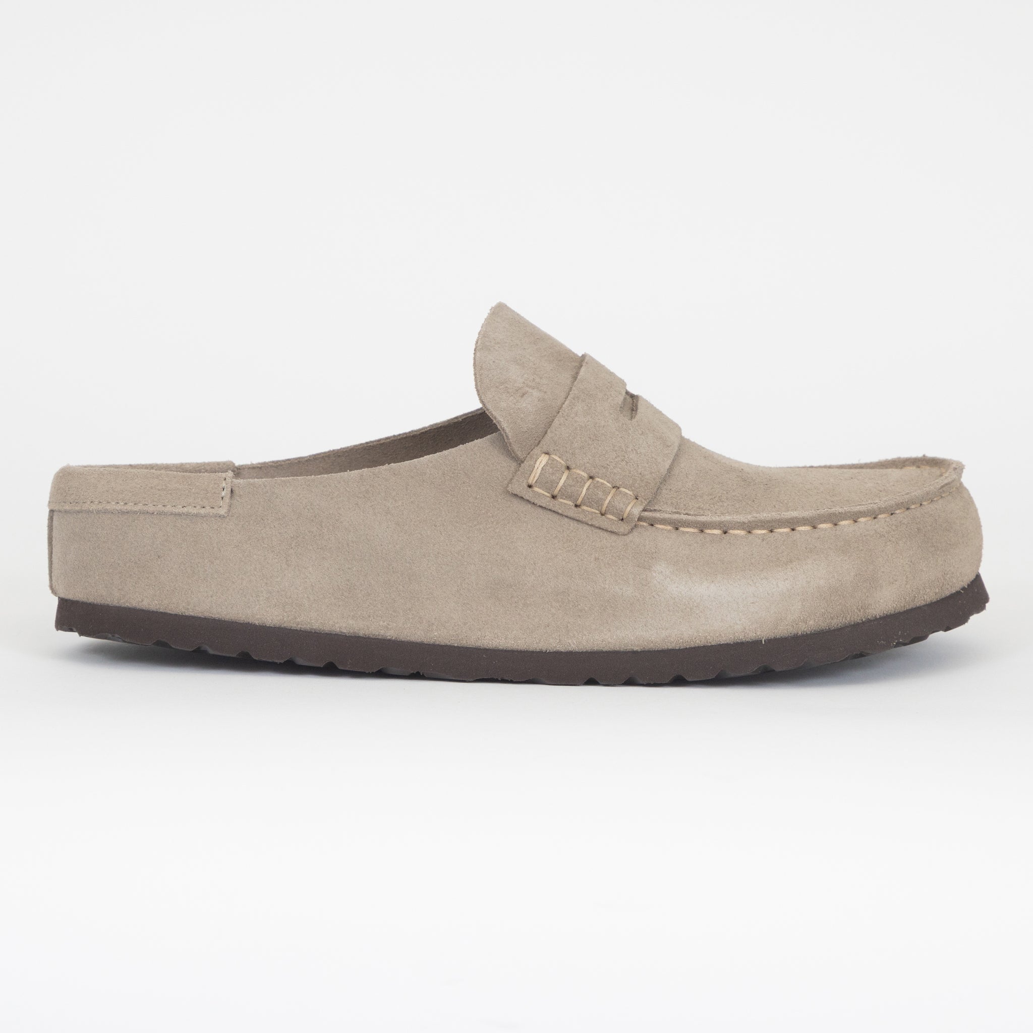 BIRKENSTOCK Naples Suede Leather Buckley Clog in Taupe