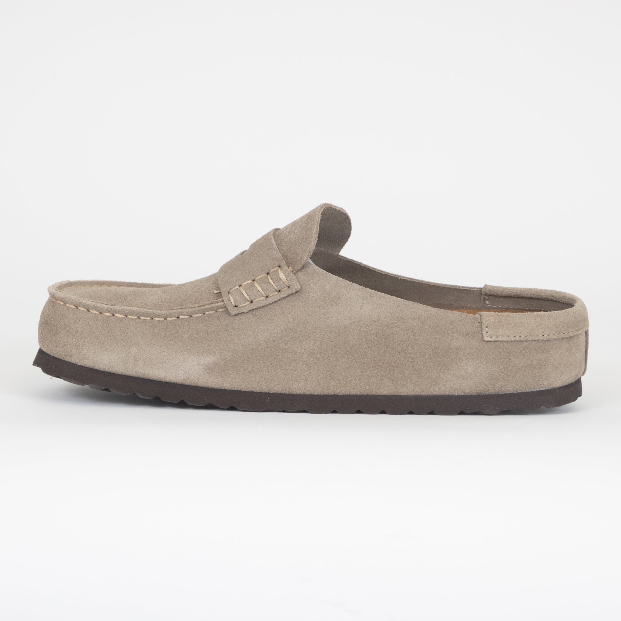 BIRKENSTOCK Naples Suede Leather Buckley Clog in Taupe
