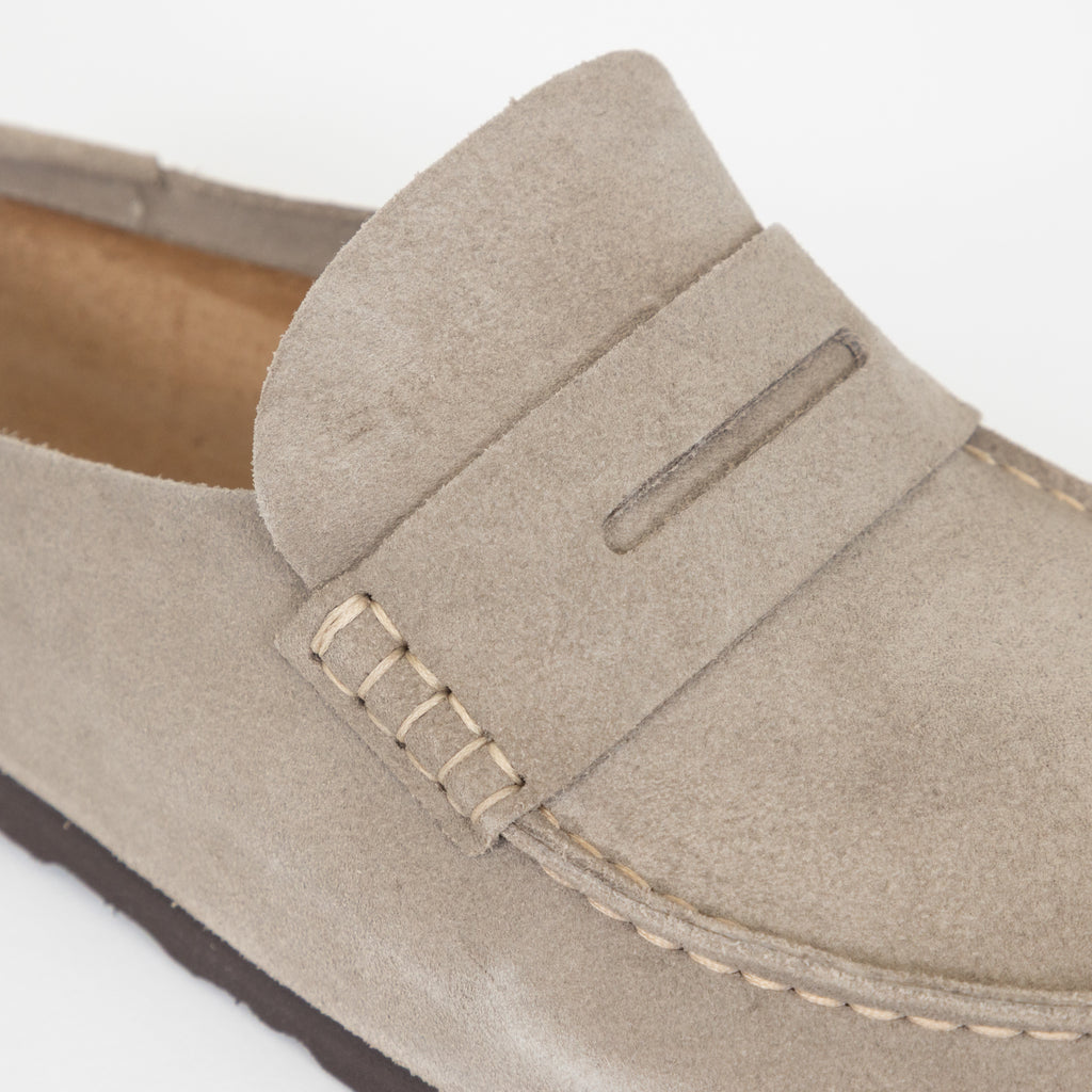 BIRKENSTOCK Naples Suede Leather Buckley Clog in Taupe