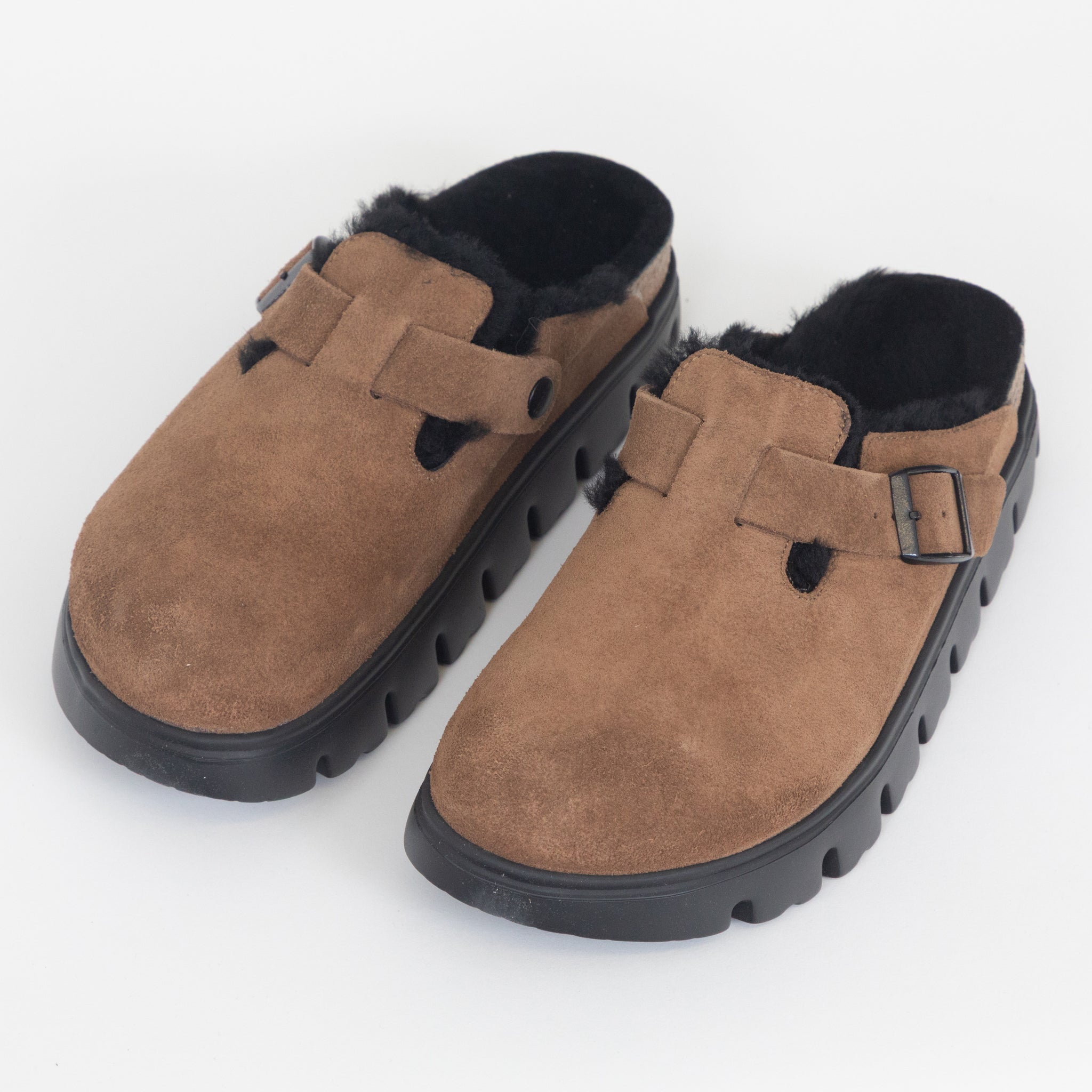 Womens BIRKENSTOCK Boston Chunky Shearling Clogs in DARK TEA
