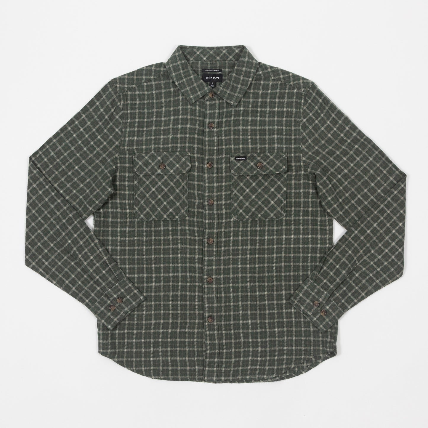 BRIXTON Bowery Flannel Check Shirt in GREEN & CREAM