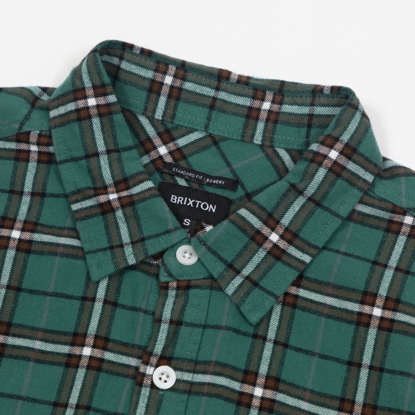 BRIXTON Bowery Flannel Check Shirt in GREEN & OFF WHITE