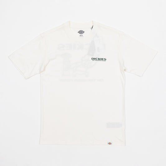 off white dickies t-shirt with small green logo on white background