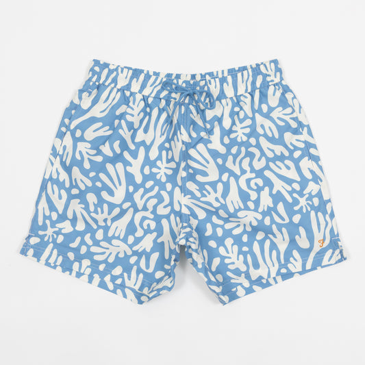 FARAH Colbert Reef Pattern Swim Shorts in BLUE & WHITE