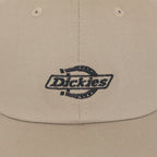 close-up of dickies logo on beige cap