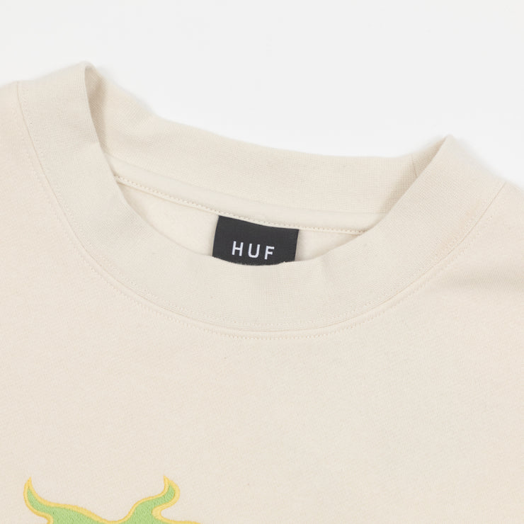 HUF Fire Embroidered Logo Crewneck Sweatshirt in CREAM