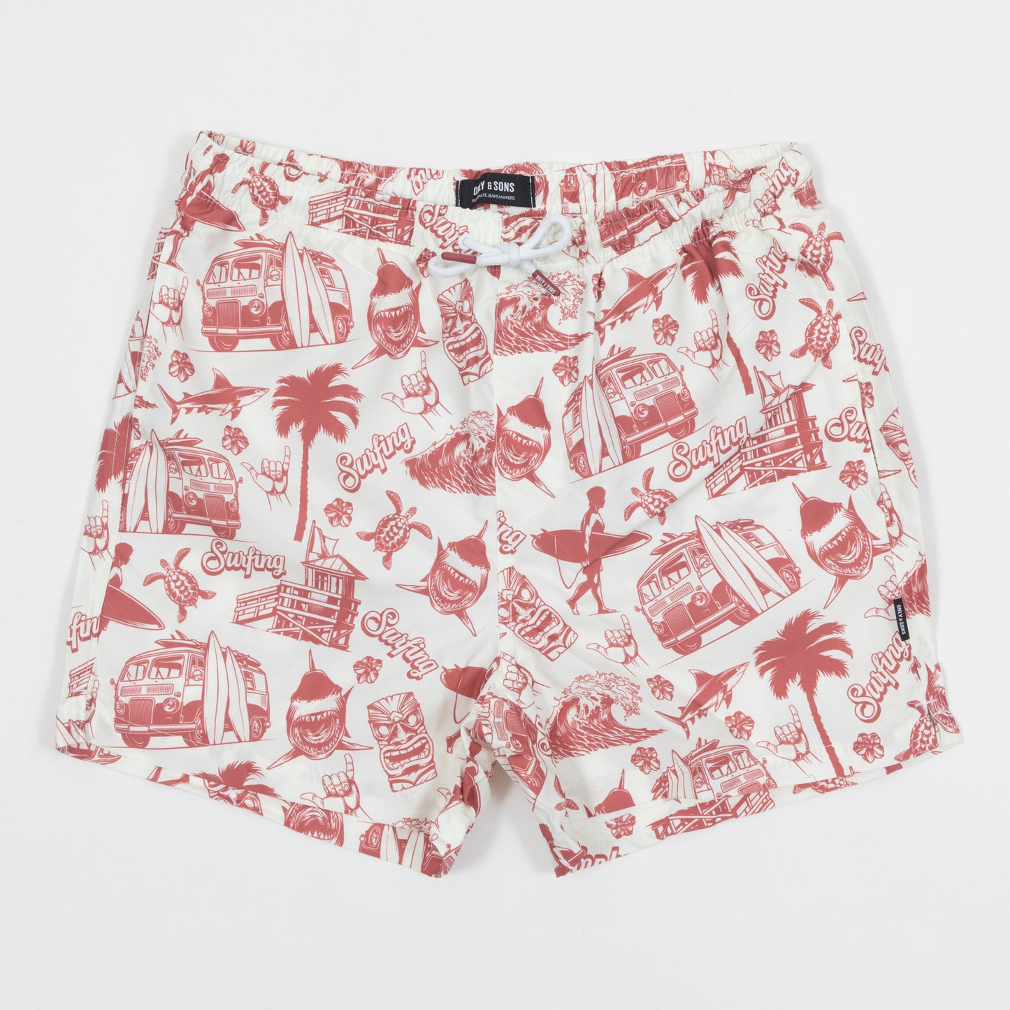 ONLY & SONS Graphic Swim Shorts in RED & CREAM