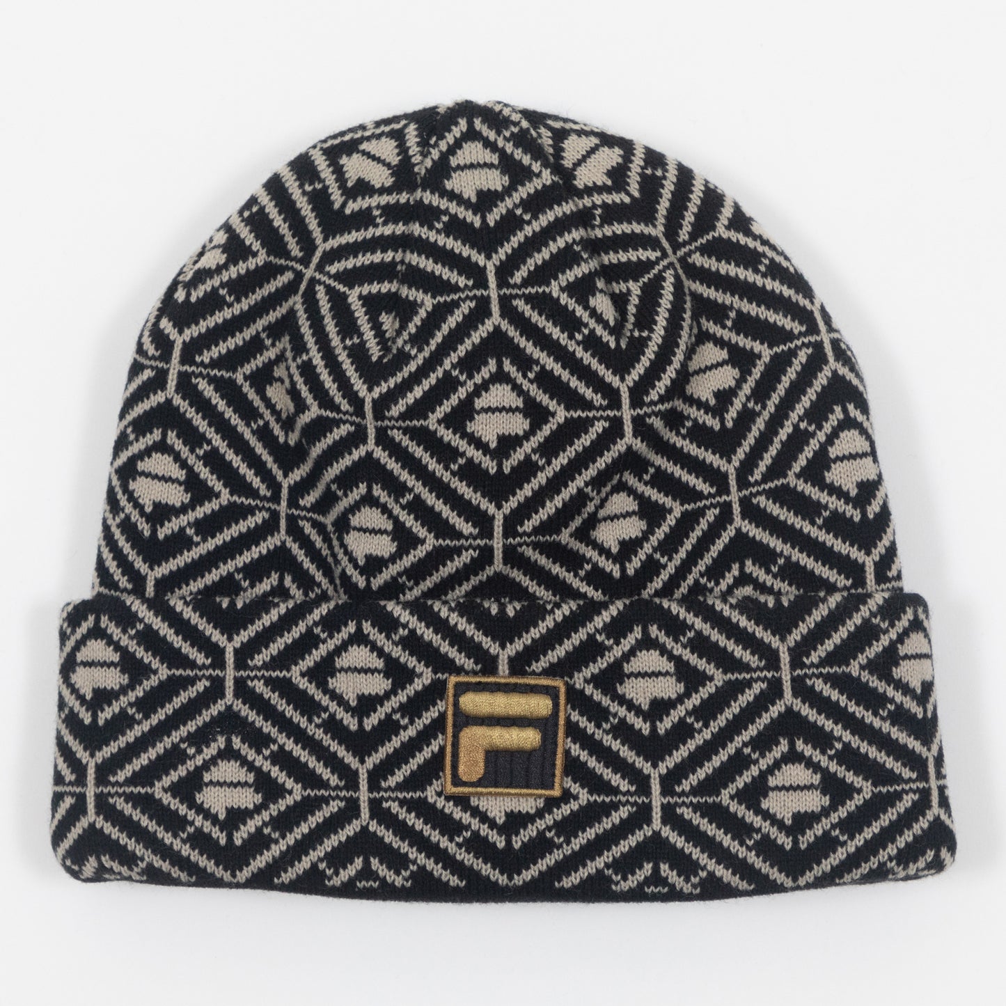 FILA Griggs Pattern Monogram Beanie in BLACK & GOLD