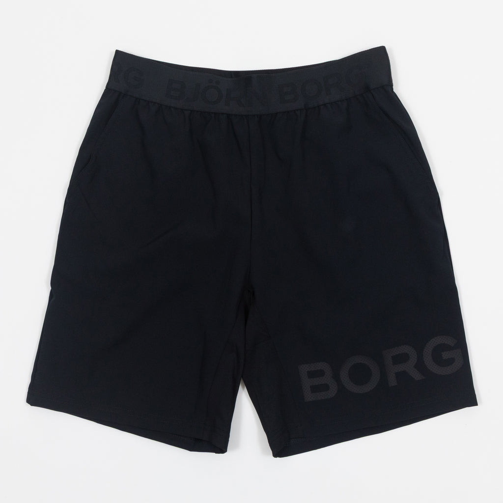 A pair of black Bjorn Borg gym shorts with a drawstring waistband and the brand's logo across the lower hem.