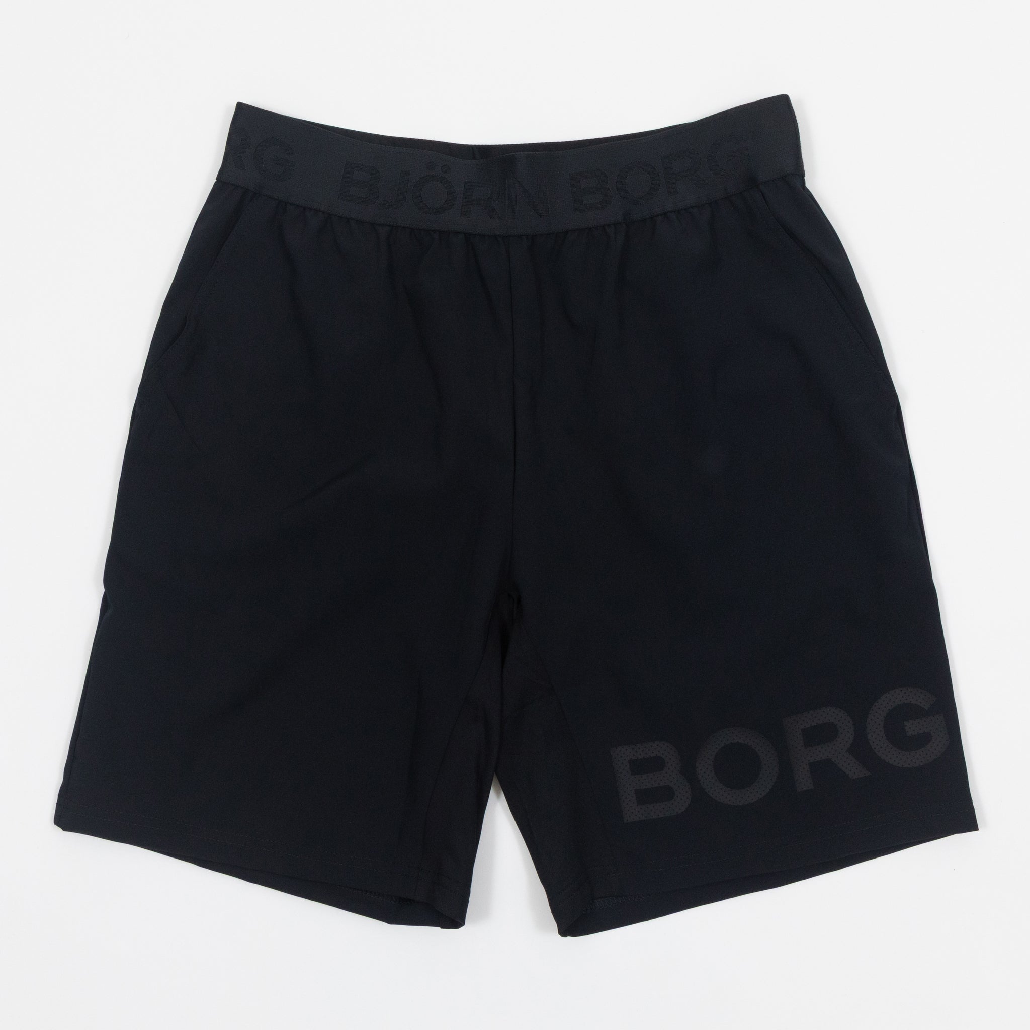 A pair of black Bjorn Borg gym shorts with a drawstring waistband and the brand's logo across the lower hem.