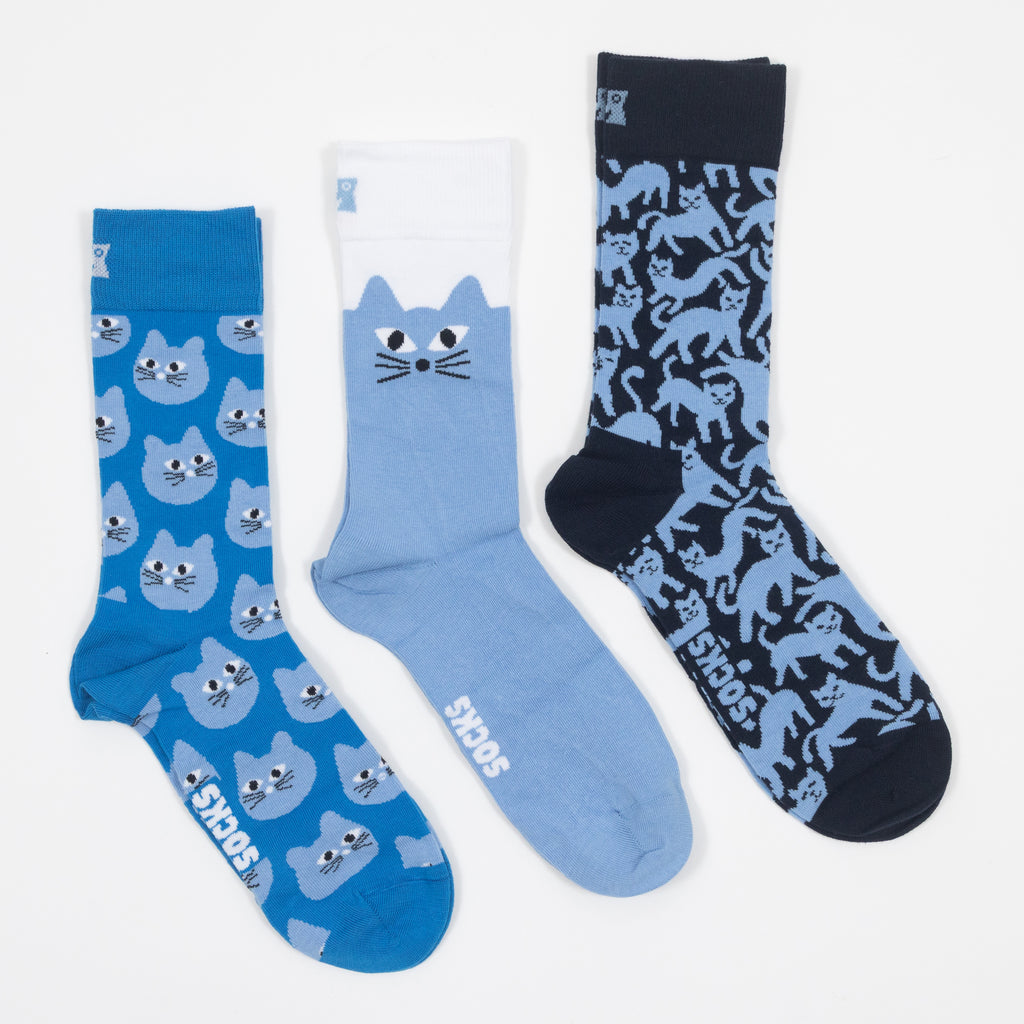 HAPPY SOCKS 3-Pack Blue Cats Socks Gift Set